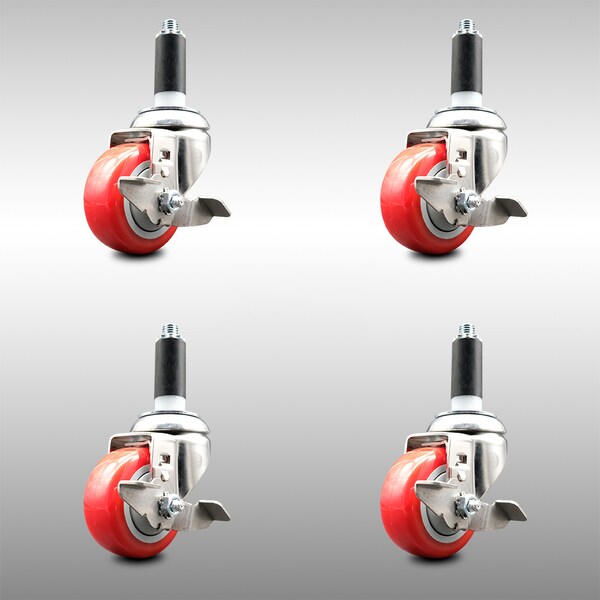 Service Caster 3 Inch 316SS Red Poly Swivel 1-1/8 Inch Expanding Stem Caster Set Brake SCC SCC-SS316EX20S314-PPUB-RED-TLB-118-4 - main